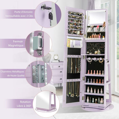 Armoire À Bijoux Pivotante À 360°Avec Lumières LED 3 Couleurs Miroir Pleine Longueur Et Étagère 3 Niveaux En Arrière 10 Couleurs Au Choix
