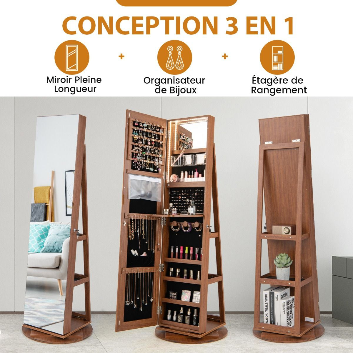 Armoire À Bijoux Pivotante À 360°Avec Lumières LED 3 Couleurs Miroir Pleine Longueur Et Étagère 3 Niveaux En Arrière 10 Couleurs Au Choix