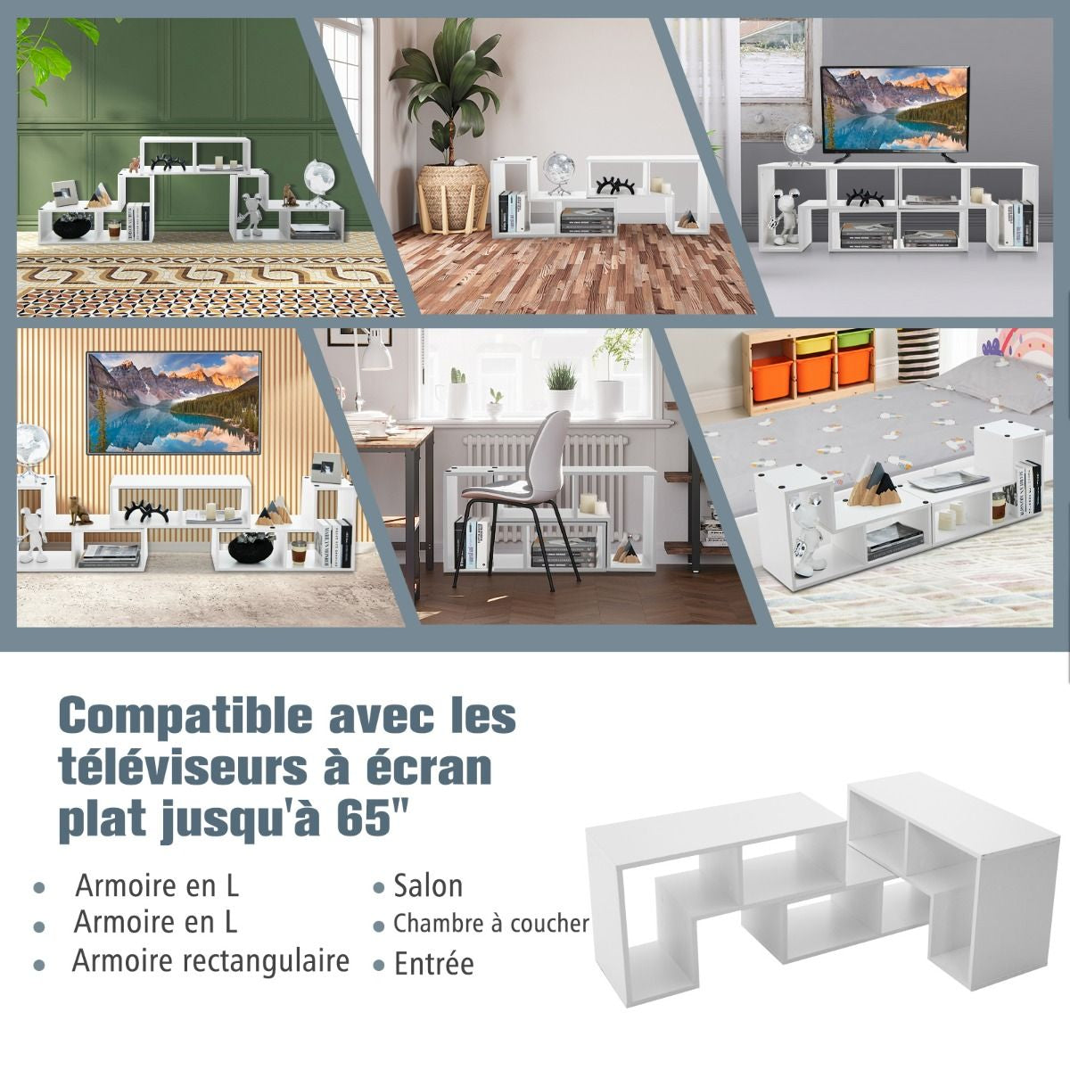 Meuble TV 3 Pièces 134-180X30X43Cm Combination Libre Pour Télévision Jusqu’À 49 Pouces Pour Salon Chambre Bureau En MDF Noir/Blanc/Café/Gris