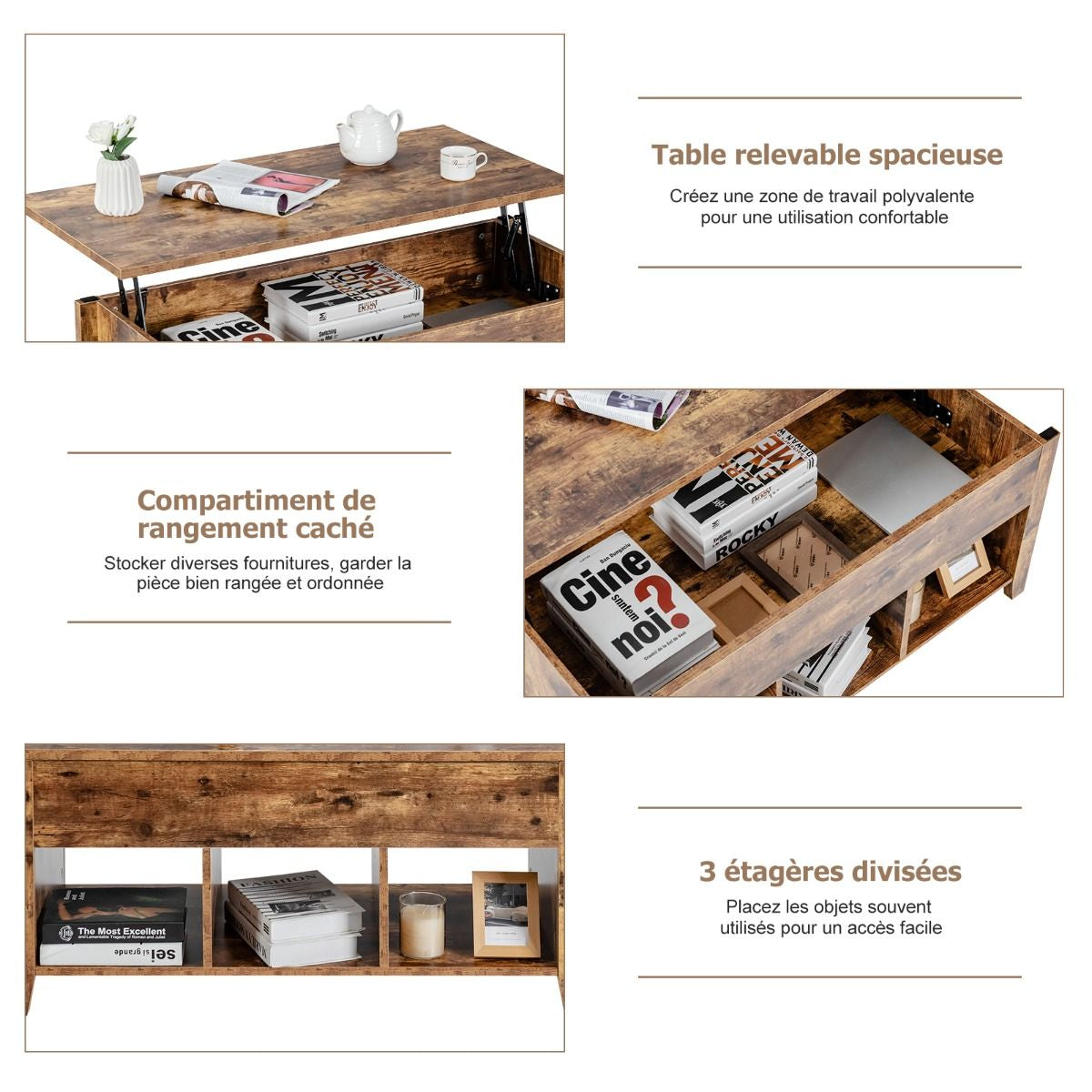 Table Basse Avec Plateau Relevable Noir 105 X 52 X 49 CM Avec Trois Compartiments Pour Rangement Design Contemporain Marron/Noir