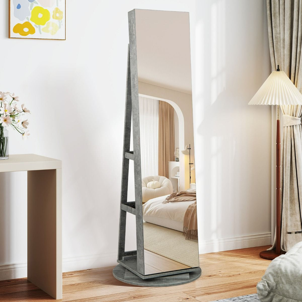 Armoire À Bijoux Pivotante À 360°Avec Lumières LED 3 Couleurs Miroir Pleine Longueur Et Étagère 3 Niveaux En Arrière 10 Couleurs Au Choix