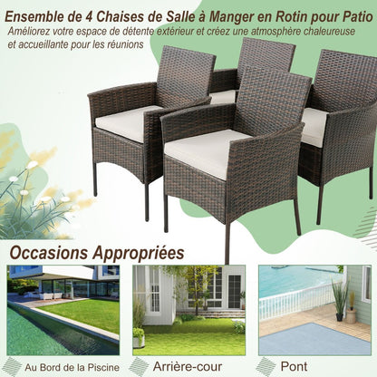 Ensemble De 4 Chaises De Jardin En Rotin Chaises En Rotin PE Avec Coussins Moelleux Cadre Métallique Robuste Accoudoirs Incurvés