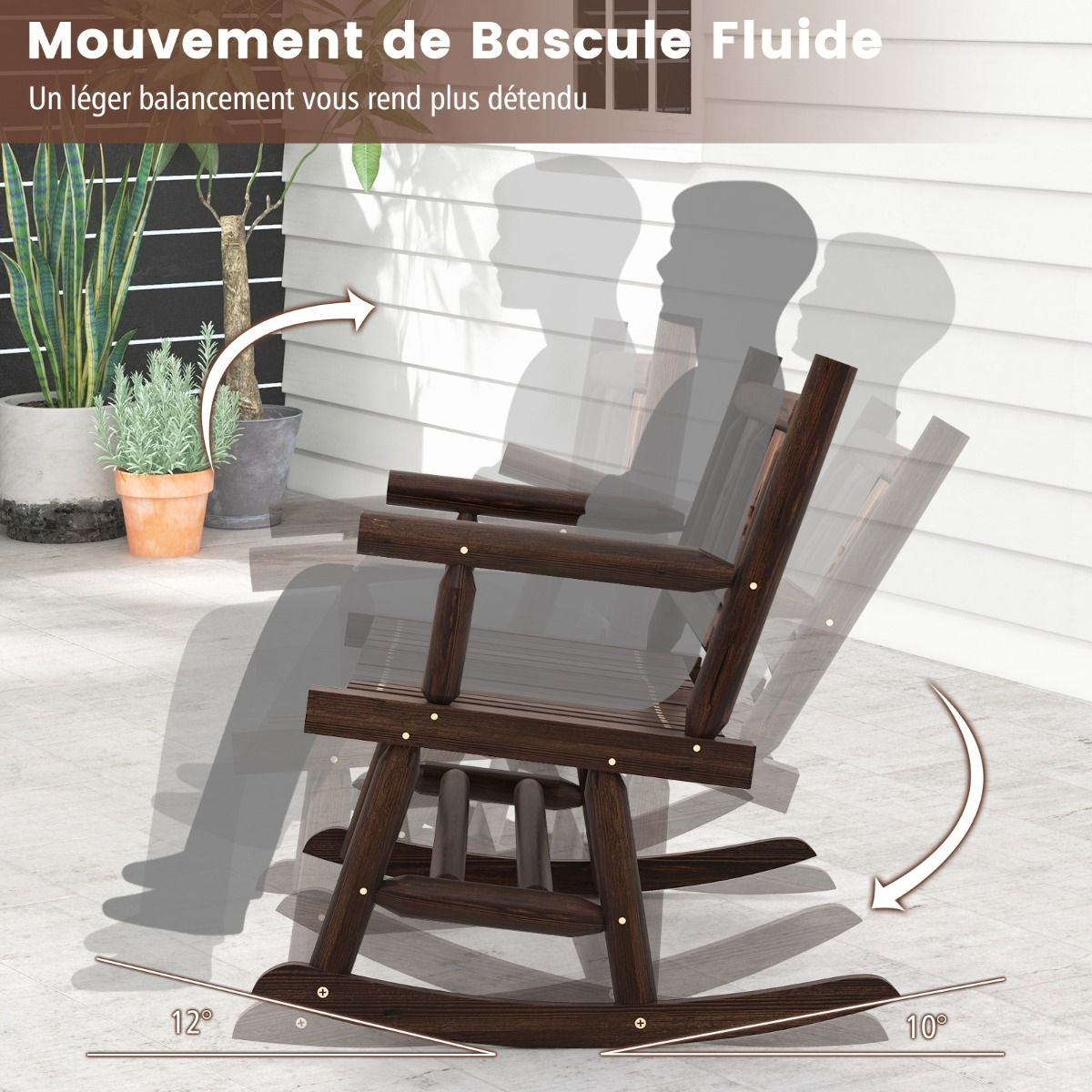 Banc À Bascule De Jardin En Bois Carbonisé 2 Personnes Siège À Lattes Dossier Ergonomique Charge 320KG Terrasse Piscine