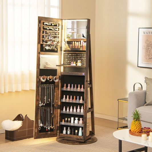 Armoire À Bijoux Avec Miroir Sur Pieds Pivotant 360° Grand Miroir Psyché Sans Cadre Avec LED Verrouillable Placard Beauté 3 Étagères Blanc/Café