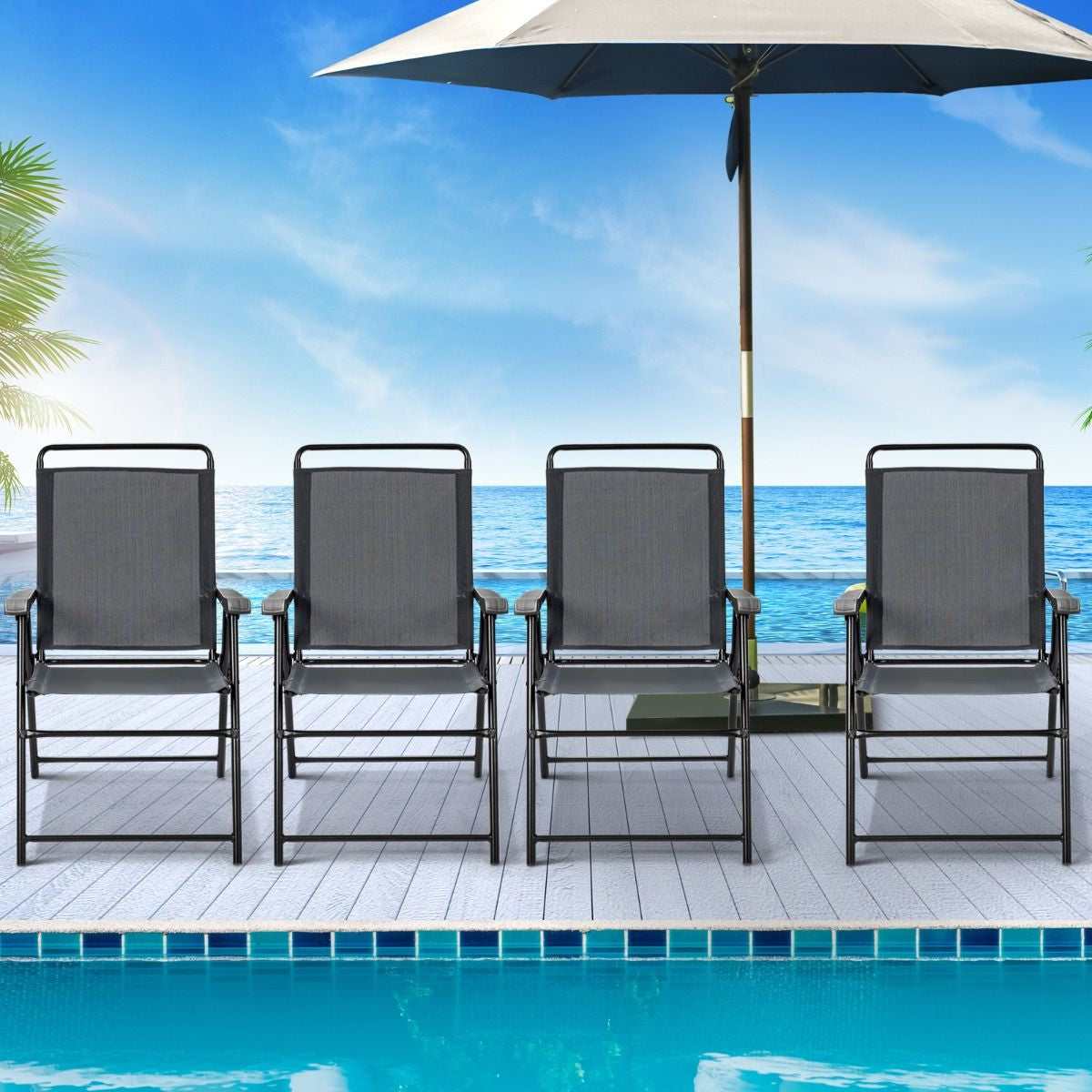 Lot De 4 Chaises Fauteuils De Jardin Pliantes En Textilène Accoudoirs Patins Antidérapants Charge 150KG Gris