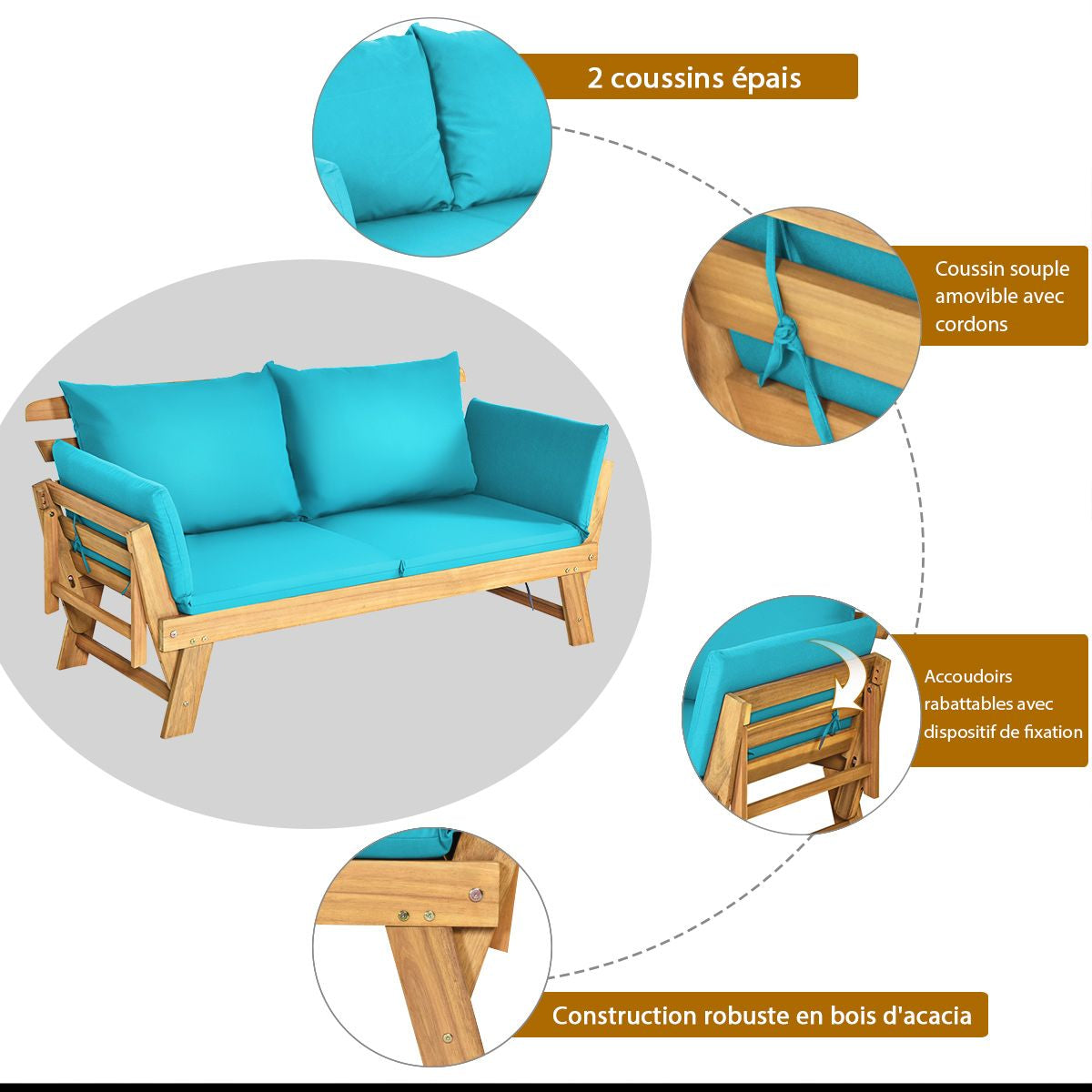 Chaise Longue Convertible Avec Coussin Canapé De Jardin 2 En 1 En Bois D’Acacia Avec Accoudoir Réglable 4 Couleurs Au Choix