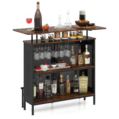 Table De Bar À Domicile À 4 Niveaux Armoire De Bar Avec 2 Étagères Pour Vin Et 6 Supports De Verres Repose-Pieds En Métal 7 Pieds Réglables Noir/Marron