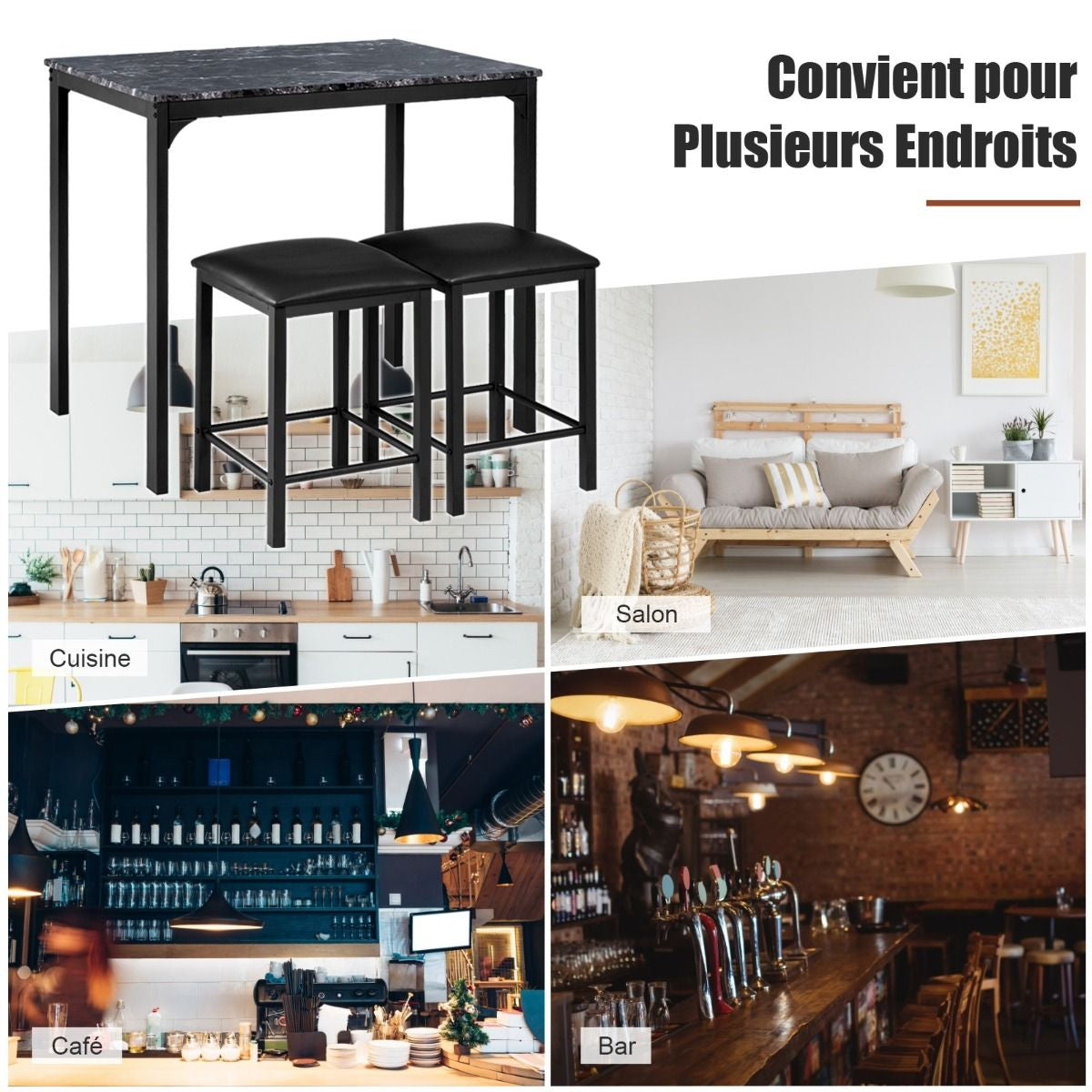 Table Haute Cuisine Avec 2 Tabourets Table Bar Cuisine Cadre En Métal Mange-Debout Industriel Pour Bistro Salle À Manger Cuisine Blanc/Café/Noir