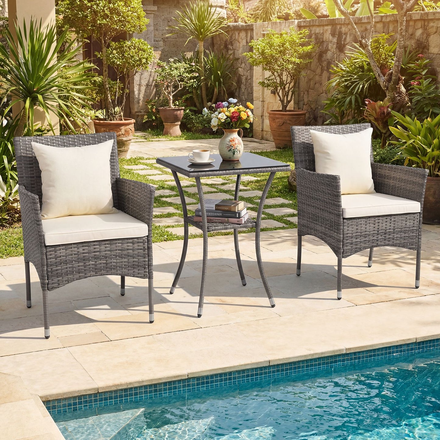 Salon De Jardin En Résine Tressée Table Et 2 Chaises Avec Coussins Et 2 Oreillers Pour Jardin Terrasse Balcon Beige/Gris