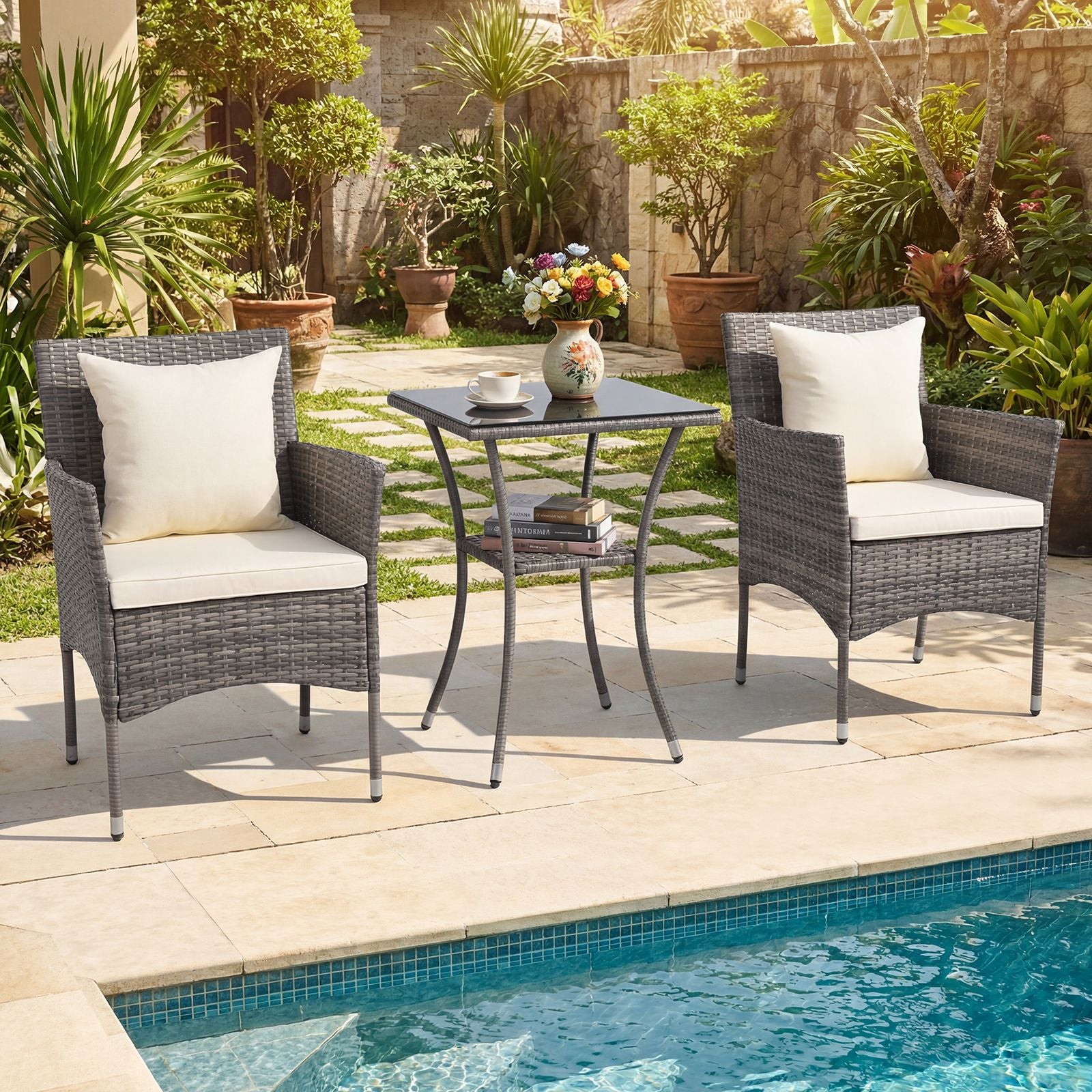 Salon De Jardin En Résine Tressée Table Et 2 Chaises Avec Coussins Et 2 Oreillers Pour Jardin Terrasse Balcon Beige/Gris
