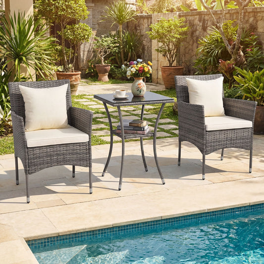 Salon De Jardin En Résine Tressée Table Et 2 Chaises Avec Coussins Et 2 Oreillers Pour Jardin Terrasse Balcon Beige/Gris