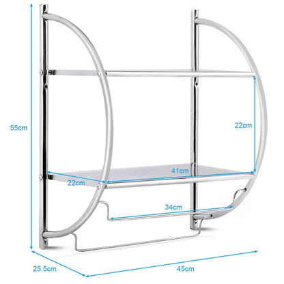 Etagère Murale De Salle De Bain Porte-Serviettes Avec 2 Tablettes Et 2 Barres En Métal Chromé 45X25,5X55Cm Argenté