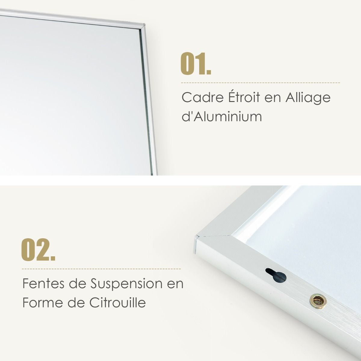 Miroir HD Psyché Mural Miroir Rectangulaire De Grand Format H 120 X L37 CM Cadre Argent En Alliage D'Aluminium Noir/Argent/Or