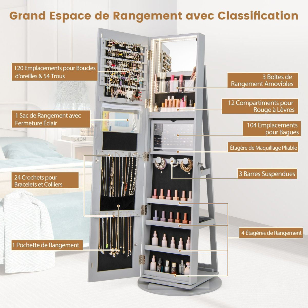 Armoire À Bijoux Pivotante À 360°Avec Lumières LED 3 Couleurs Miroir Pleine Longueur Et Étagère 3 Niveaux En Arrière 10 Couleurs Au Choix