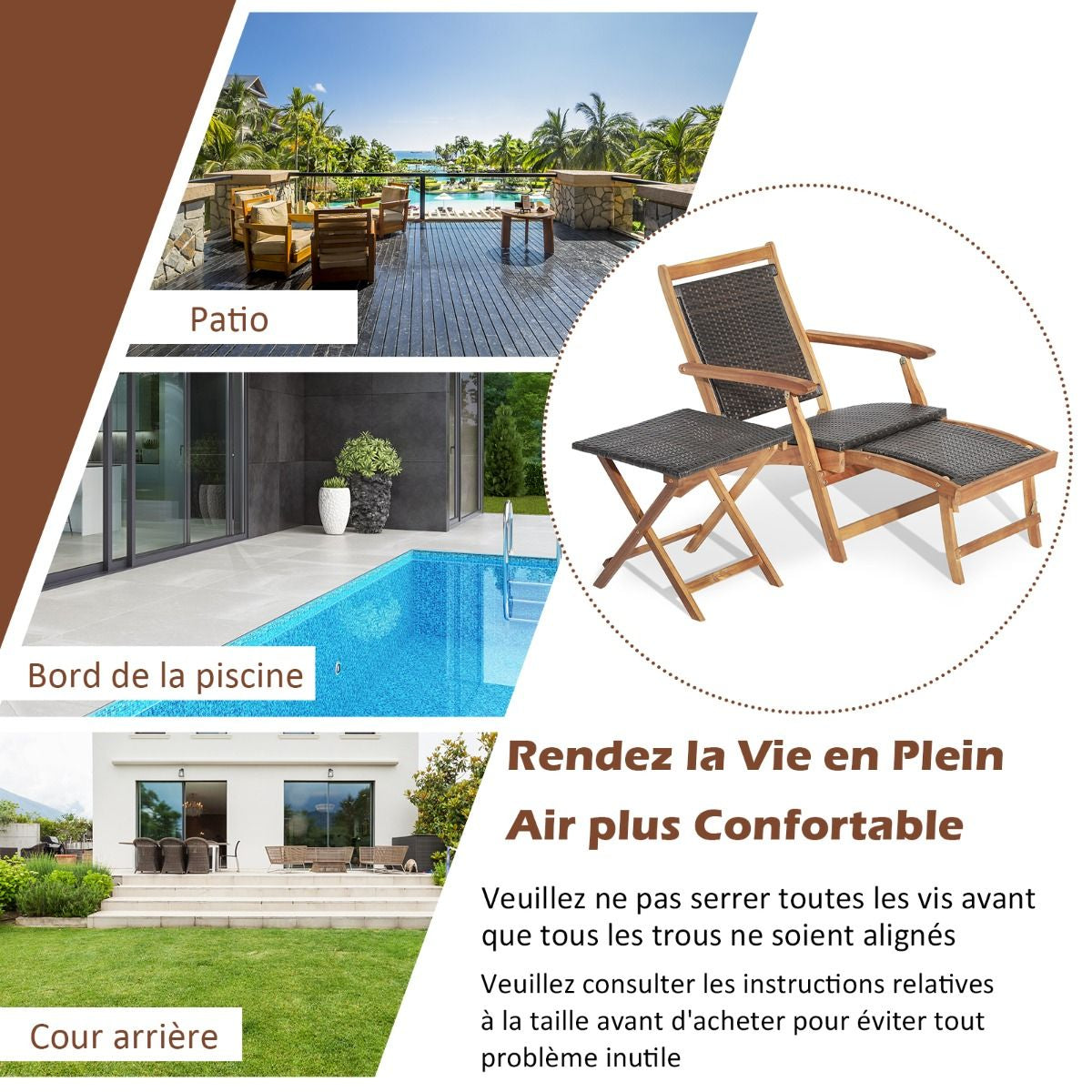 Chaise Longue En Rotin Avec Repose-Pied Rétractable Table D'Appoint Pliable Et Accoudoirs Pour Jardin