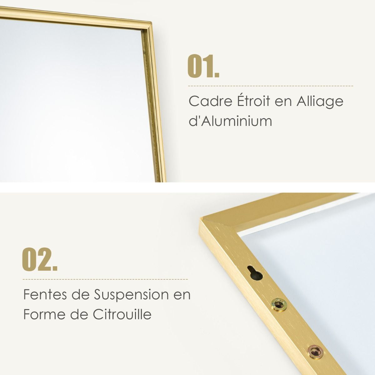 Miroir HD Psyché Mural Miroir Rectangulaire De Grand Format H 120 X L37 CM Cadre Argent En Alliage D'Aluminium Noir/Argent/Or