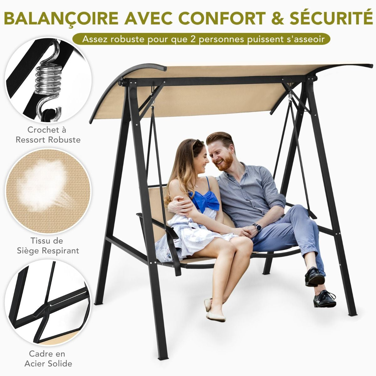 Balançoire De Porche Avec Auvent Réglable Balancelle Extérieure Pour 2 Personnes Cadre Et Auvent En Métal Crochet À Ressort Robuste Beige