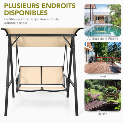 Balançoire De Porche Avec Auvent Réglable Balancelle Extérieure Pour 2 Personnes Cadre Et Auvent En Métal Crochet À Ressort Robuste Beige