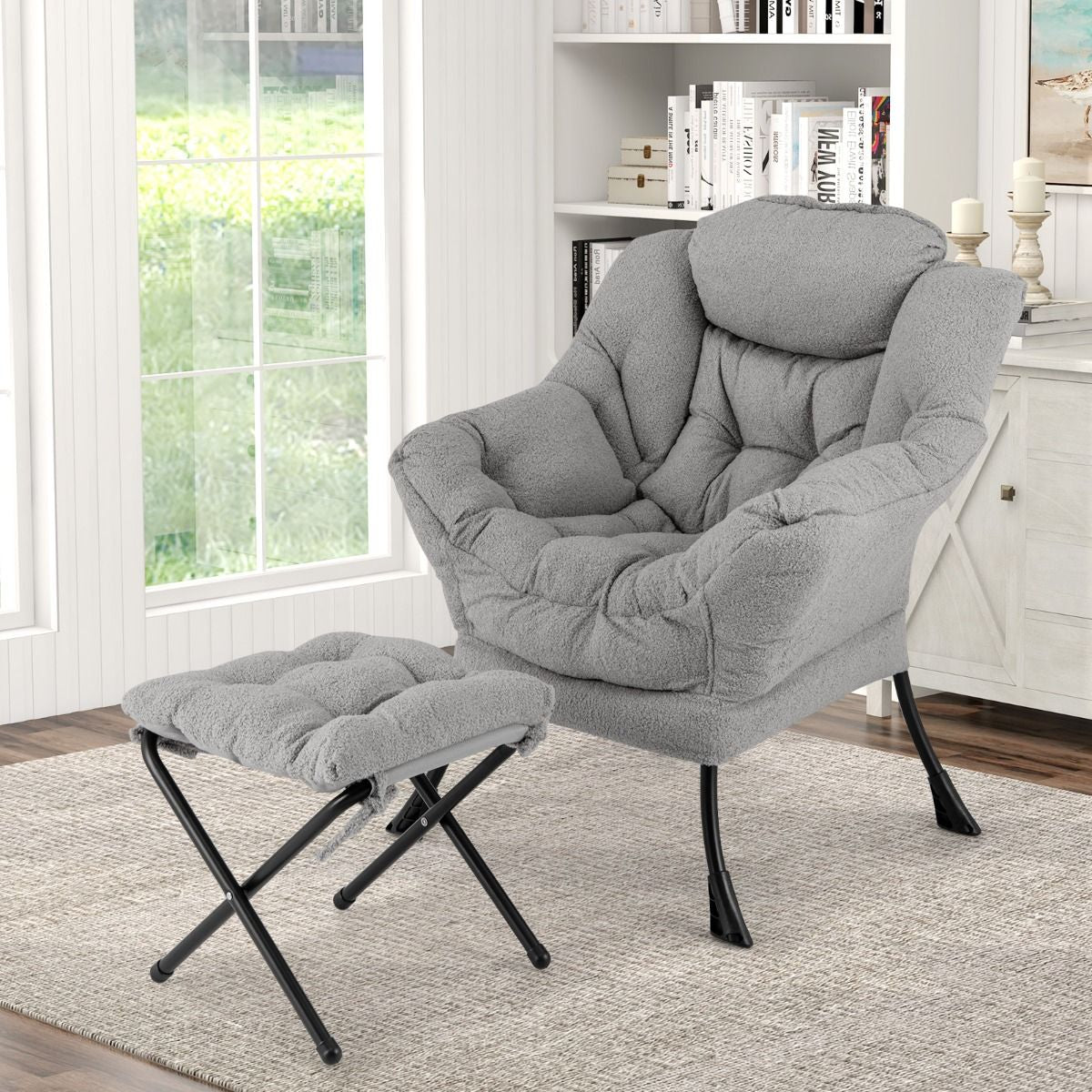 Chaise Paresseuse Avec Ottoman Fauteuil De Loisirs Rembourré Sherpa Moderne Avec Repose-Pied Pliable Coussin De Tête Beige/Gris/Rose