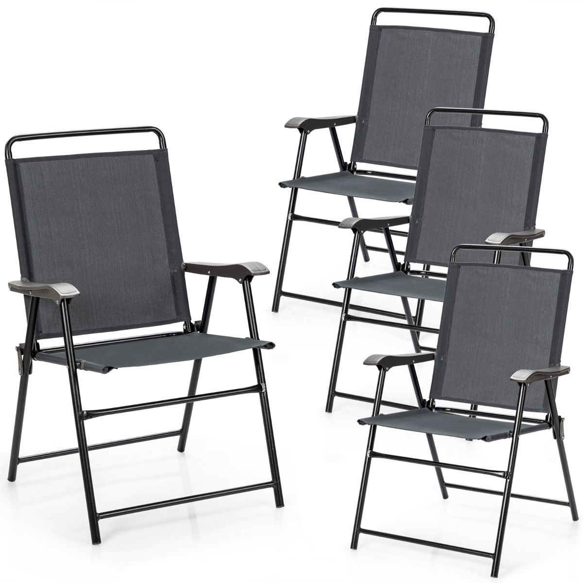 Lot De 4 Chaises Fauteuils De Jardin Pliantes En Textilène Accoudoirs Patins Antidérapants Charge 150KG Gris