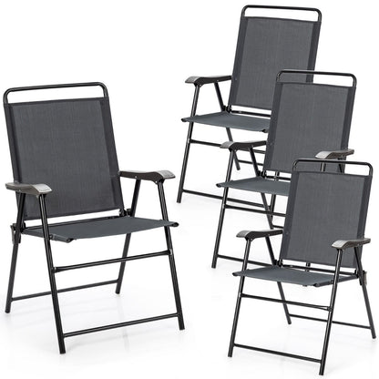 Lot De 4 Chaises Fauteuils De Jardin Pliantes En Textilène Accoudoirs Patins Antidérapants Charge 150KG Gris