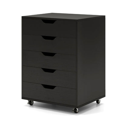 Caisson Mobile Et Vertical À Roulettes Avec 5 Tiroirs Poignée Incurvée Et 2 Roues Avec Frein 49 X 40 X 65 Cm Blanc/Naturel/Noir