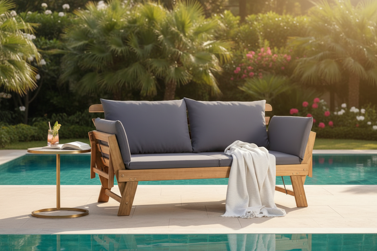 Chaise Longue Convertible Bois Acacia Coussin Jardin Luxe Fériona