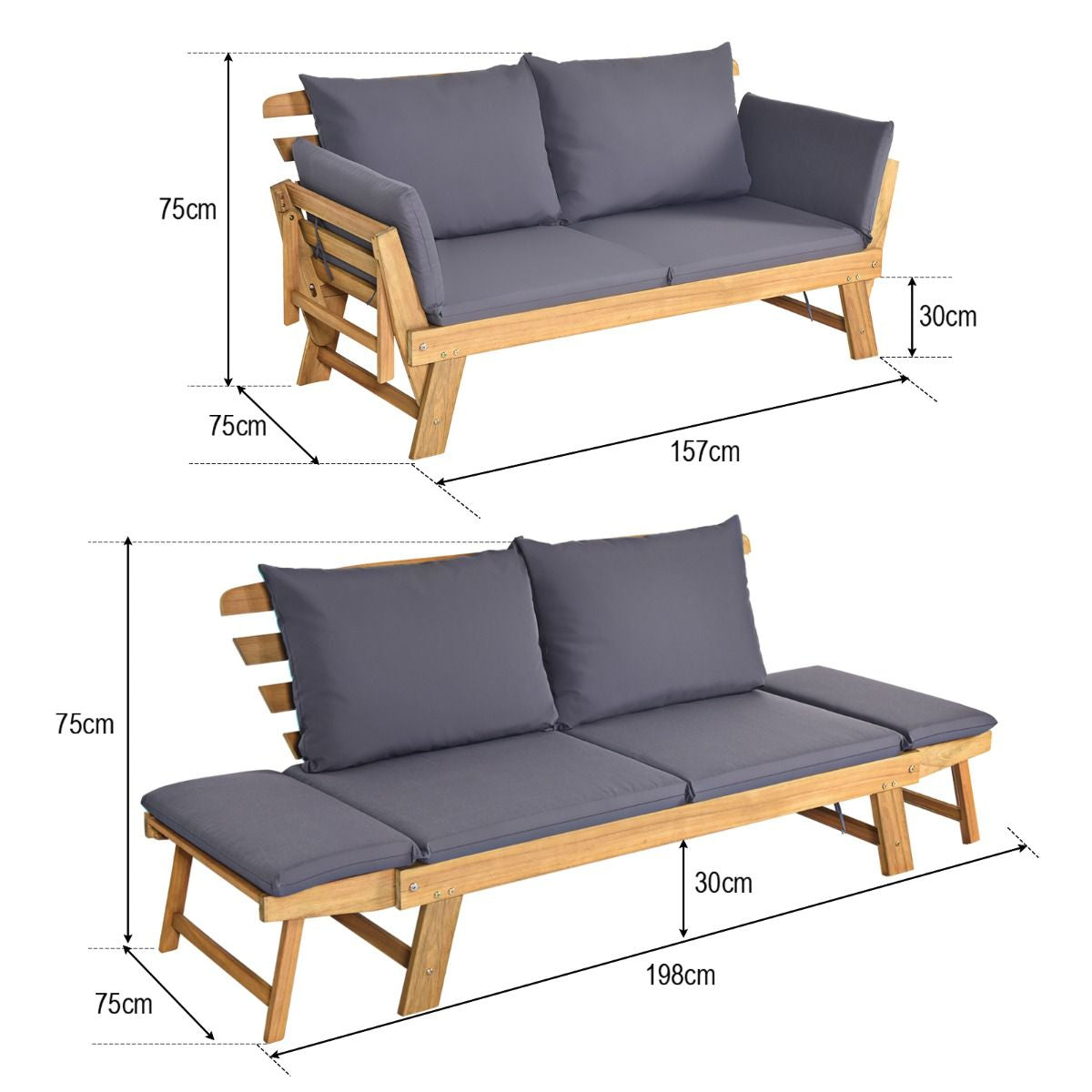 Chaise Longue Convertible Avec Coussin Canapé De Jardin 2 En 1 En Bois D’Acacia Avec Accoudoir Réglable 4 Couleurs Au Choix