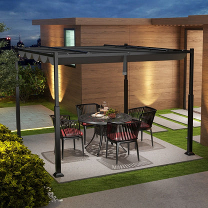 Pergola D'Extérieur 310 X 310 CM Avec Auvent Rétractable Colonnes Métalliques Robustes Pavillon Moderne Pare-Soleil Tonnelle