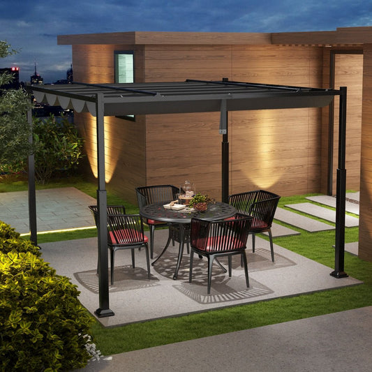 Pergola D'Extérieur 310 X 310 CM Avec Auvent Rétractable Colonnes Métalliques Robustes Pavillon Moderne Pare-Soleil Tonnelle