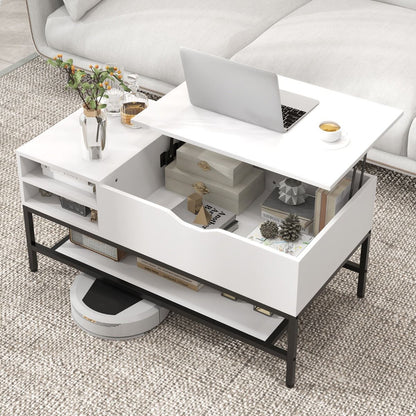 Table Basse À Plateau Relevable Table De Salon Avec Compartiment Caché Et Etagère De Rangement Amovible Table Centrale Rabattable Blanc/Gris