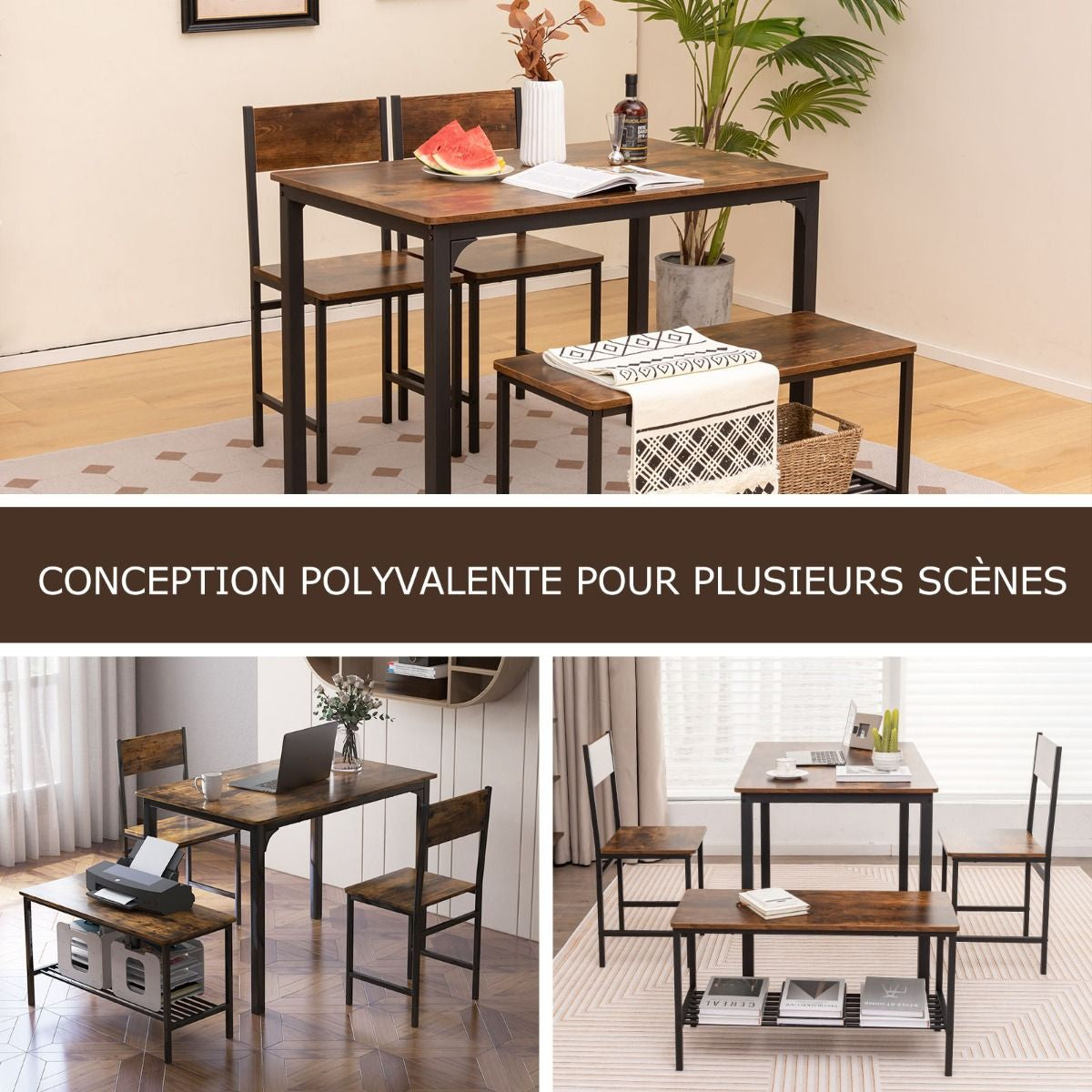 Ensemble Table Et 2 Chaise 1 Banc 4 Personnes Style Industriel Structure En Métal Pour Salle À Manger Restaurant Cuisine Marron/Gris/Café