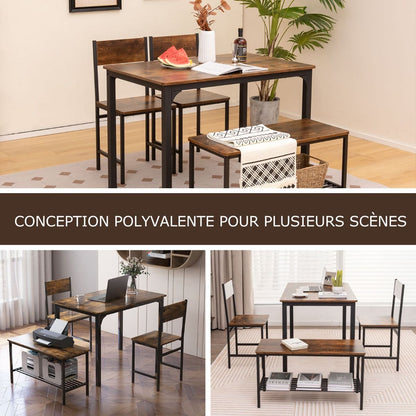 Ensemble Table Et 2 Chaise 1 Banc 4 Personnes Style Industriel Structure En Métal Pour Salle À Manger Restaurant Cuisine Marron/Gris/Café