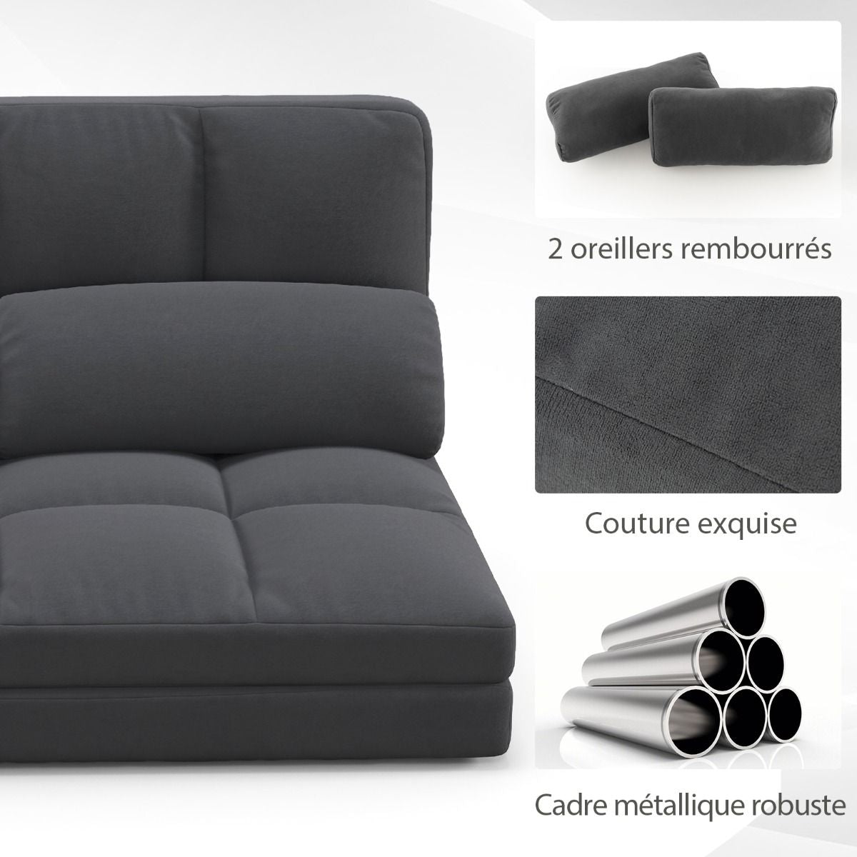 Canapé Lit Convertible En Velours Pliable Dossier Réglable À 6 Niveaux Avec 2 Coussins Gris Clair/Gris Foncé