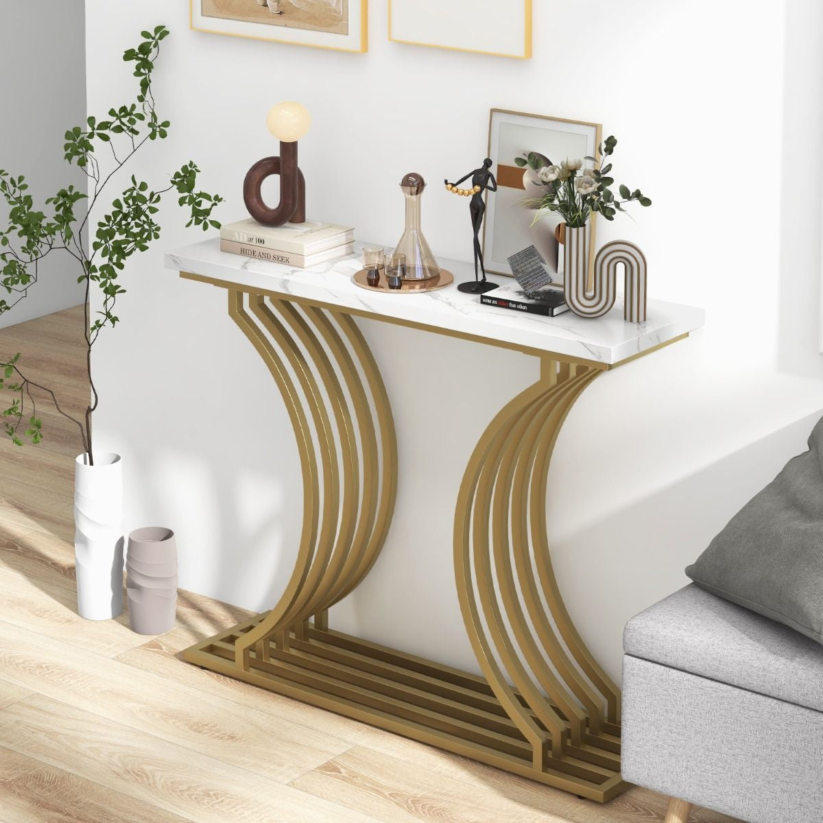 Table Console Imprimée Marbre 100 X 29,5 X 80,5 Cm (L X L X H) Cadre En Métal Doré Style Scandinave Moderne Blanc