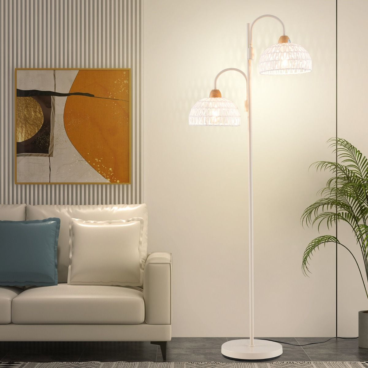 Lampadaire À 2 Lampes Lampe Arbre Rotative À 350° Avec Interrupteur Au Pied Abat-Jours Tissés Et 2 Bases D'Ampoules E27 Base Lourde Blanc