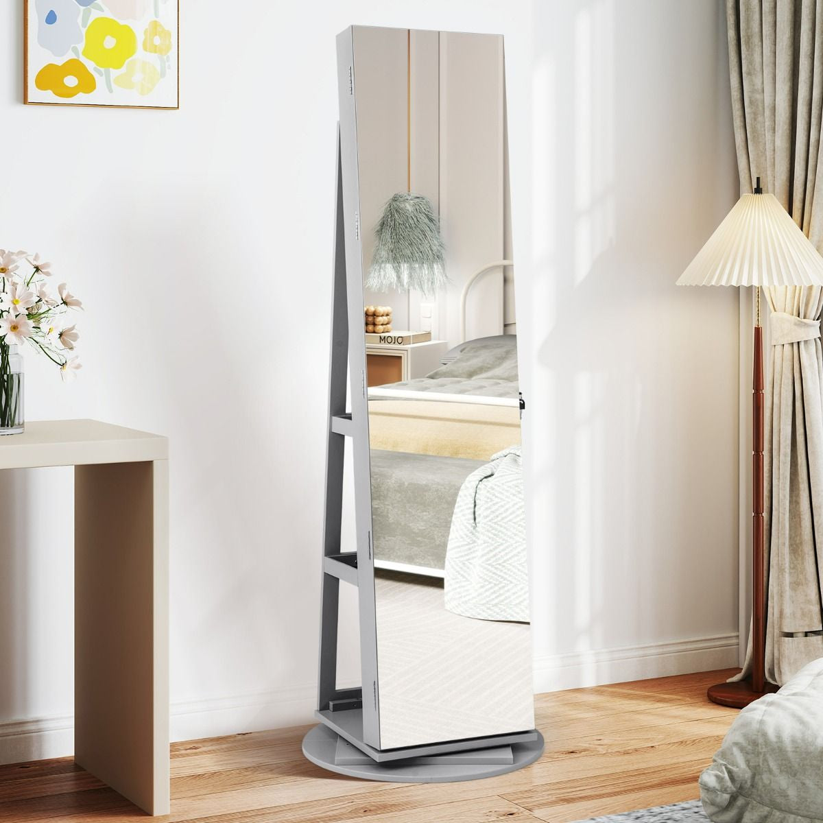 Armoire À Bijoux Pivotante À 360°Avec Lumières LED 3 Couleurs Miroir Pleine Longueur Et Étagère 3 Niveaux En Arrière 10 Couleurs Au Choix
