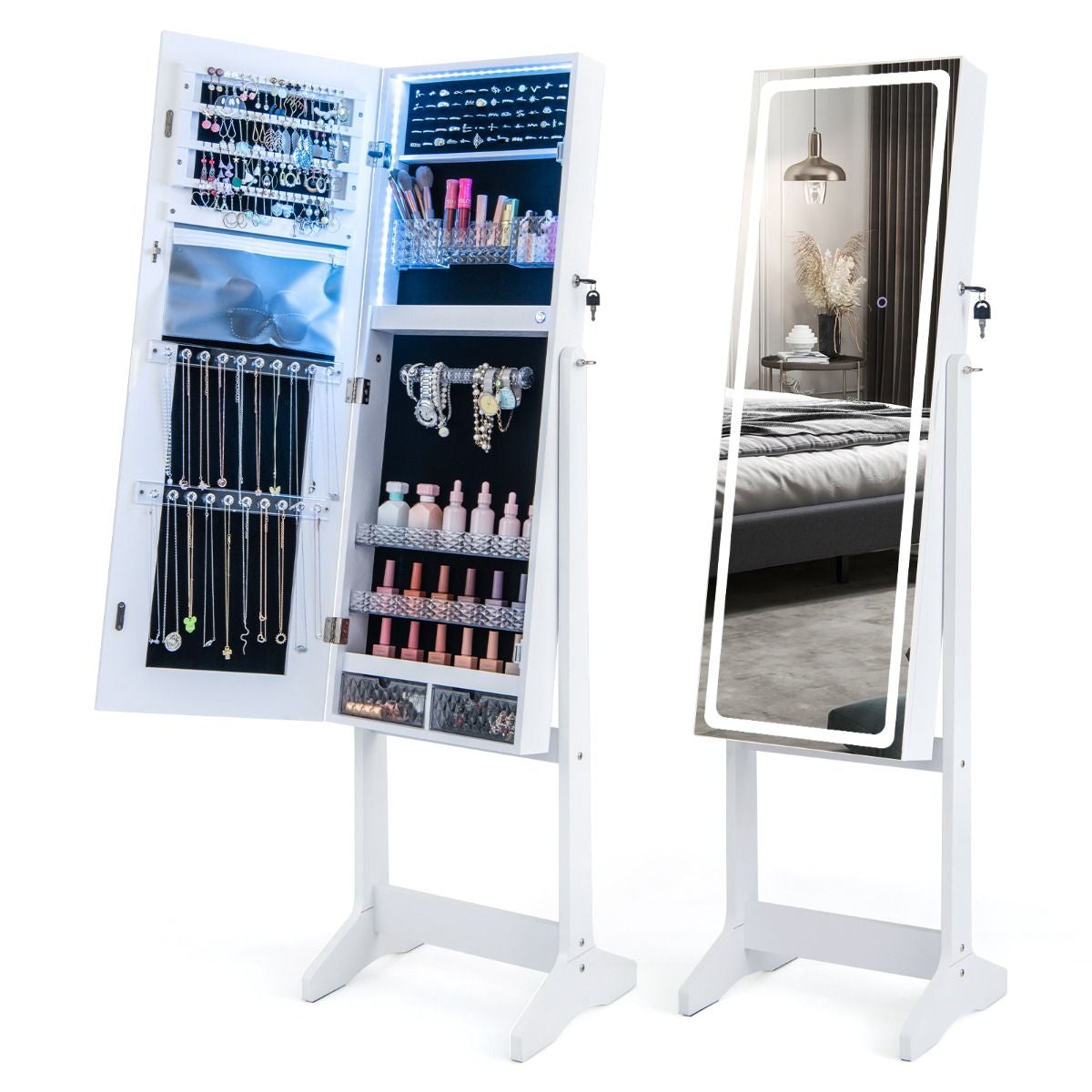 Armoire À Bijoux Sur Pied Avec Lumières LED Armoire Verrouillable Avec Miroir Pleine Longueur Éclairé Blanc/Marron Rustique/Noyer
