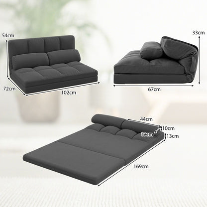 Canapé Lit Convertible En Velours Pliable Dossier Réglable À 6 Niveaux Avec 2 Coussins Gris Clair/Gris Foncé