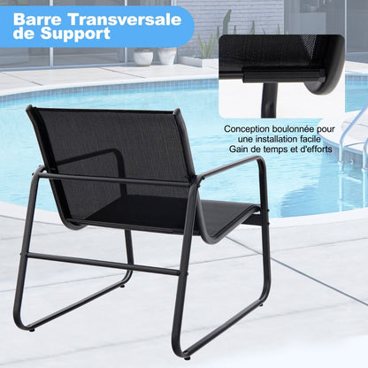 Salon De Jardin 3 PCS En Textilène Anti-Uv Table Basse En Verre Trampé Cadre En Métal Marron/Noir
