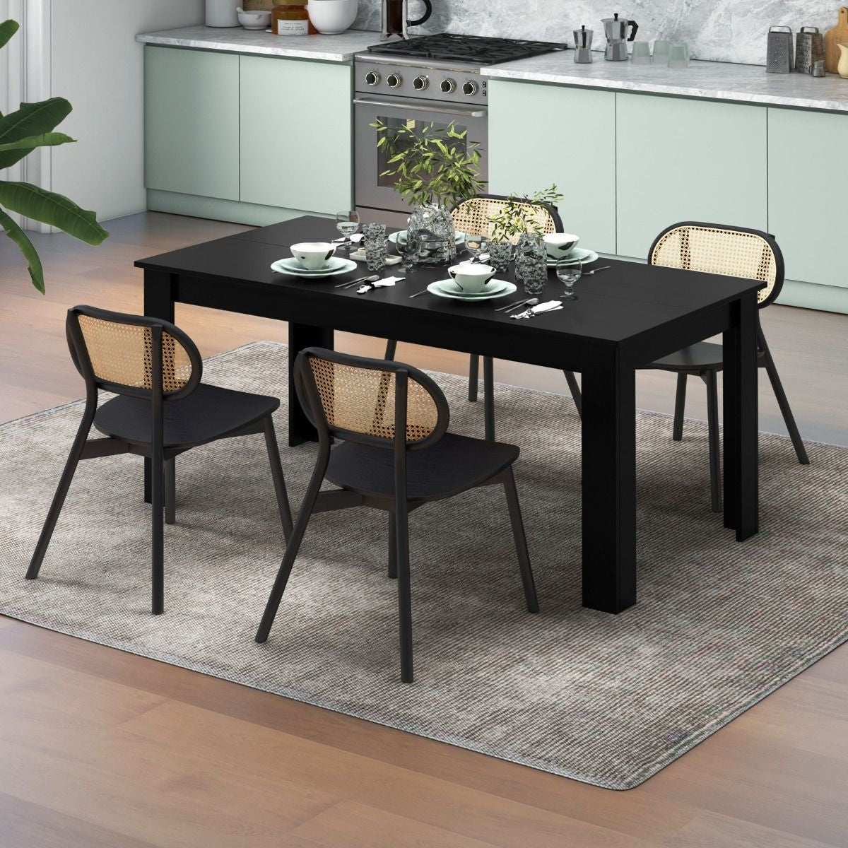Table Salle À Manger De 160 CM Pour 6-8 Personnes Table Cuisine Rectangulaire Avec Pieds En Formes De L Robustes Table Bureau De Travail Moderne Naturel/Noir