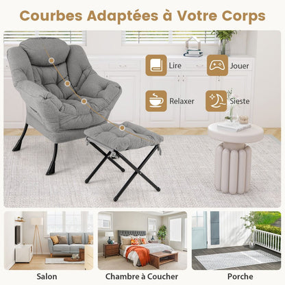 Chaise Paresseuse Avec Ottoman Fauteuil De Loisirs Rembourré Sherpa Moderne Avec Repose-Pied Pliable Coussin De Tête Beige/Gris/Rose