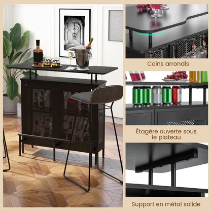 Table De Bar À Domicile À 4 Niveaux Armoire De Bar Avec 2 Étagères Pour Vin Et 6 Supports De Verres Repose-Pieds En Métal 7 Pieds Réglables Noir/Marron