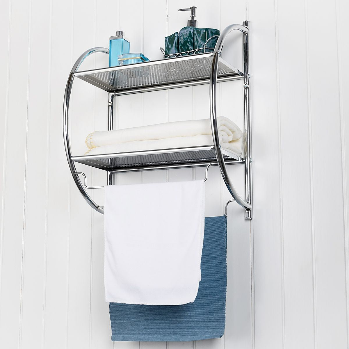 Etagère Murale De Salle De Bain Porte-Serviettes Avec 2 Tablettes Et 2 Barres En Métal Chromé 45X25,5X55Cm Argenté