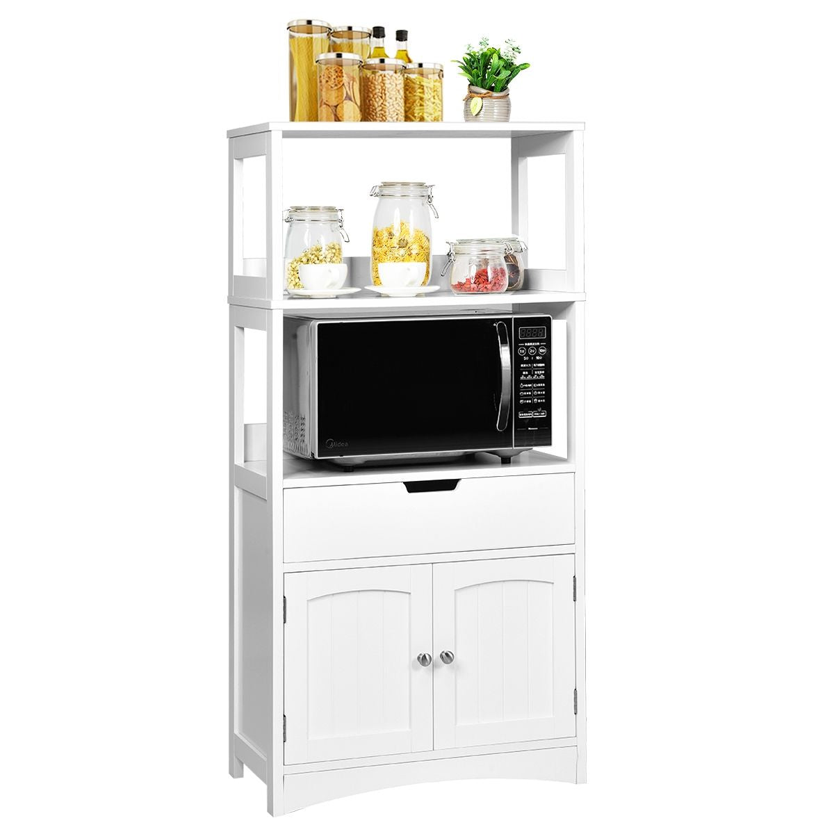Armoire De Salle De Bain Avec 2 Portes 1 Tiroir 3 Etagères Ouvertes Capacité 70 Kg En Mdf 32,5X60X122Cm Blanc/Noir/Gris