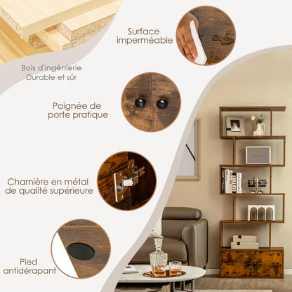 Bibliothèque Étagère Échelle En Bois À 6 Niveaux Avec 2 Portes 70X23X183 Cm Style Moderne Forme En S Marron Rustique/Blanc/Noir