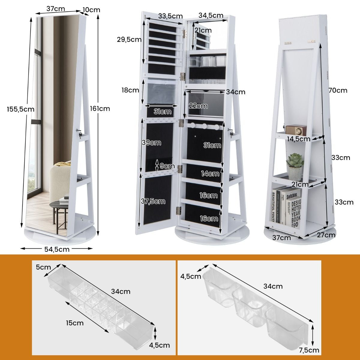 Armoire À Bijoux Pivotante À 360°Avec Lumières LED 3 Couleurs Miroir Pleine Longueur Et Étagère 3 Niveaux En Arrière 10 Couleurs Au Choix