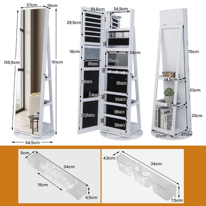 Armoire À Bijoux Pivotante À 360°Avec Lumières LED 3 Couleurs Miroir Pleine Longueur Et Étagère 3 Niveaux En Arrière 10 Couleurs Au Choix