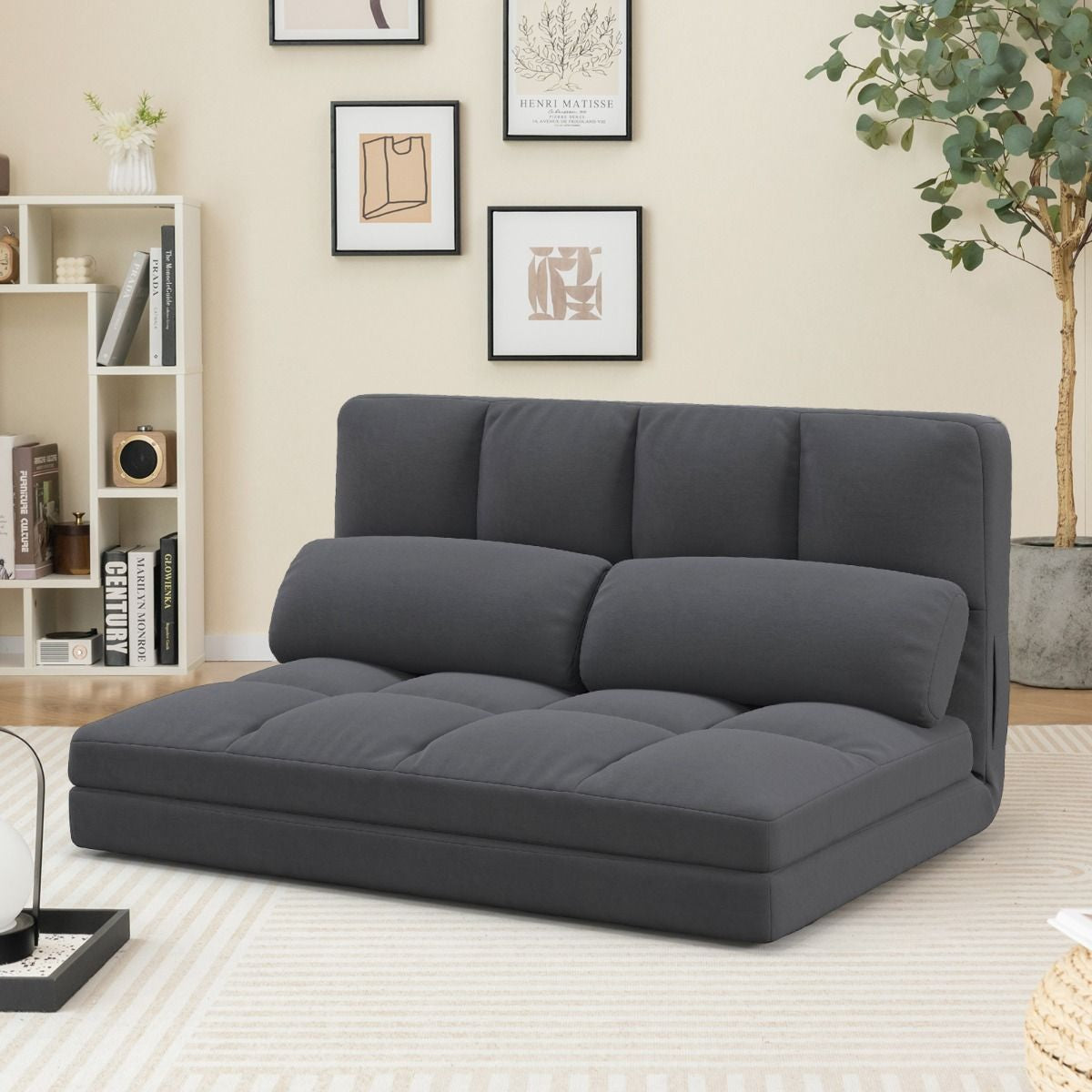 Canapé Lit Convertible En Velours Pliable Dossier Réglable À 6 Niveaux Avec 2 Coussins Gris Clair/Gris Foncé