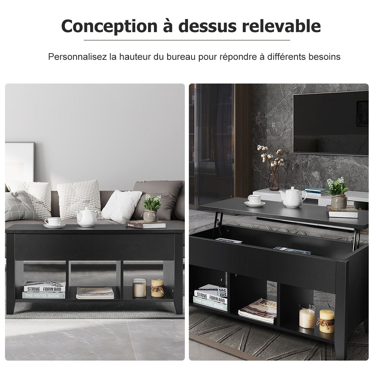 Table Basse Avec Plateau Relevable Noir 105 X 52 X 49 CM Avec Trois Compartiments Pour Rangement Design Contemporain Marron/Noir